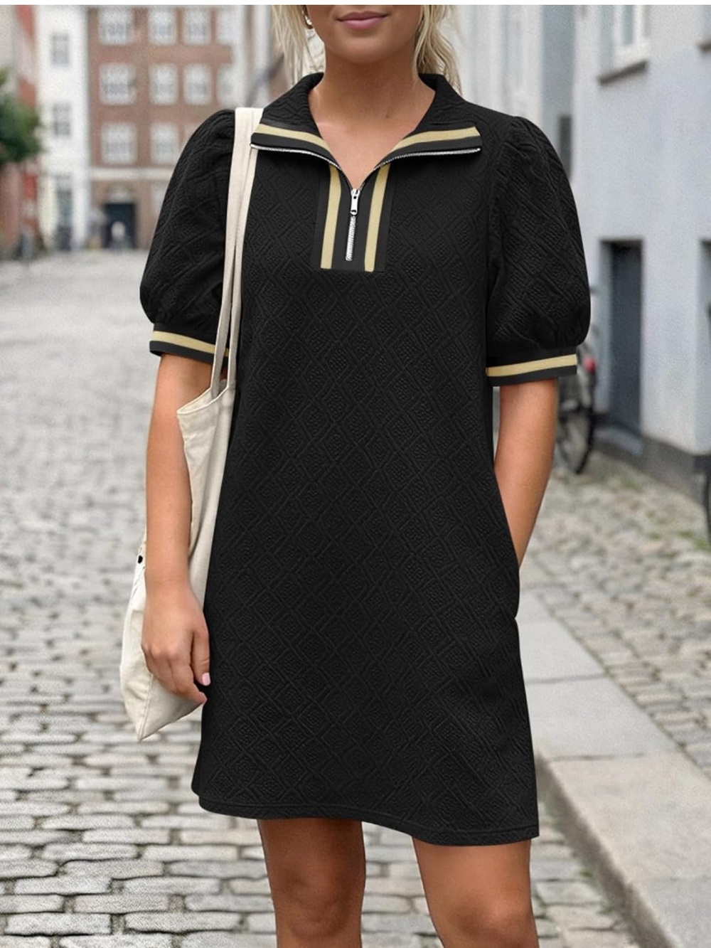Black Short Sleeve Zip Collar Dress with Contrast Trim